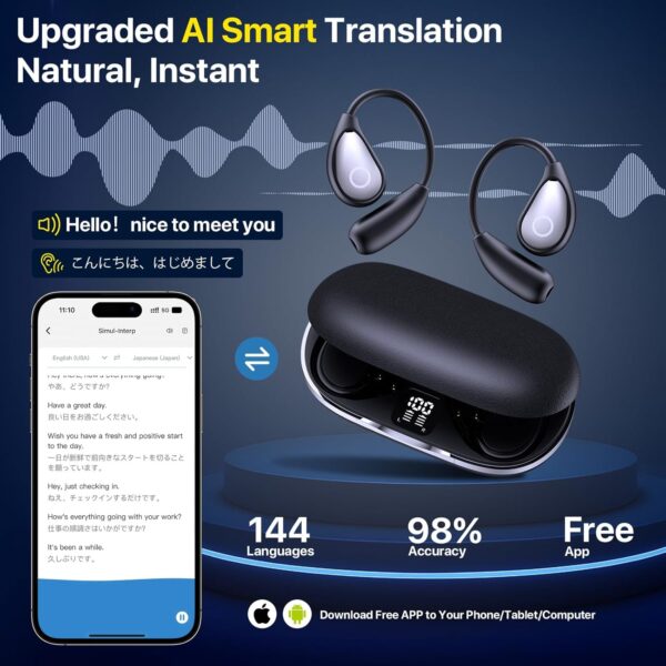 【2024 Flagship】OWS AI Translator Earbuds｜Real-Time 144-Language Interpreter｜Bluetooth 5.3 Open-Ear Design｜3-in-1 Solution for Travel, Business & Learning｜iOS/Android Compatible｜Midnight Black - Image 2
